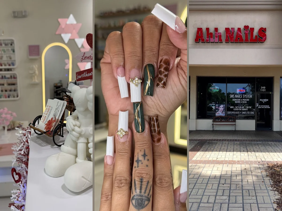 Nail technician shaping nails at a salon table.