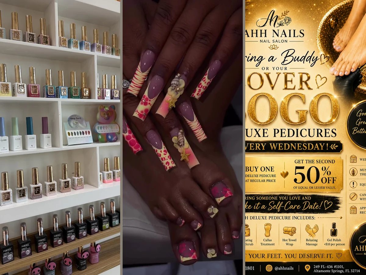 Close-up of detailed nail art on natural nails.