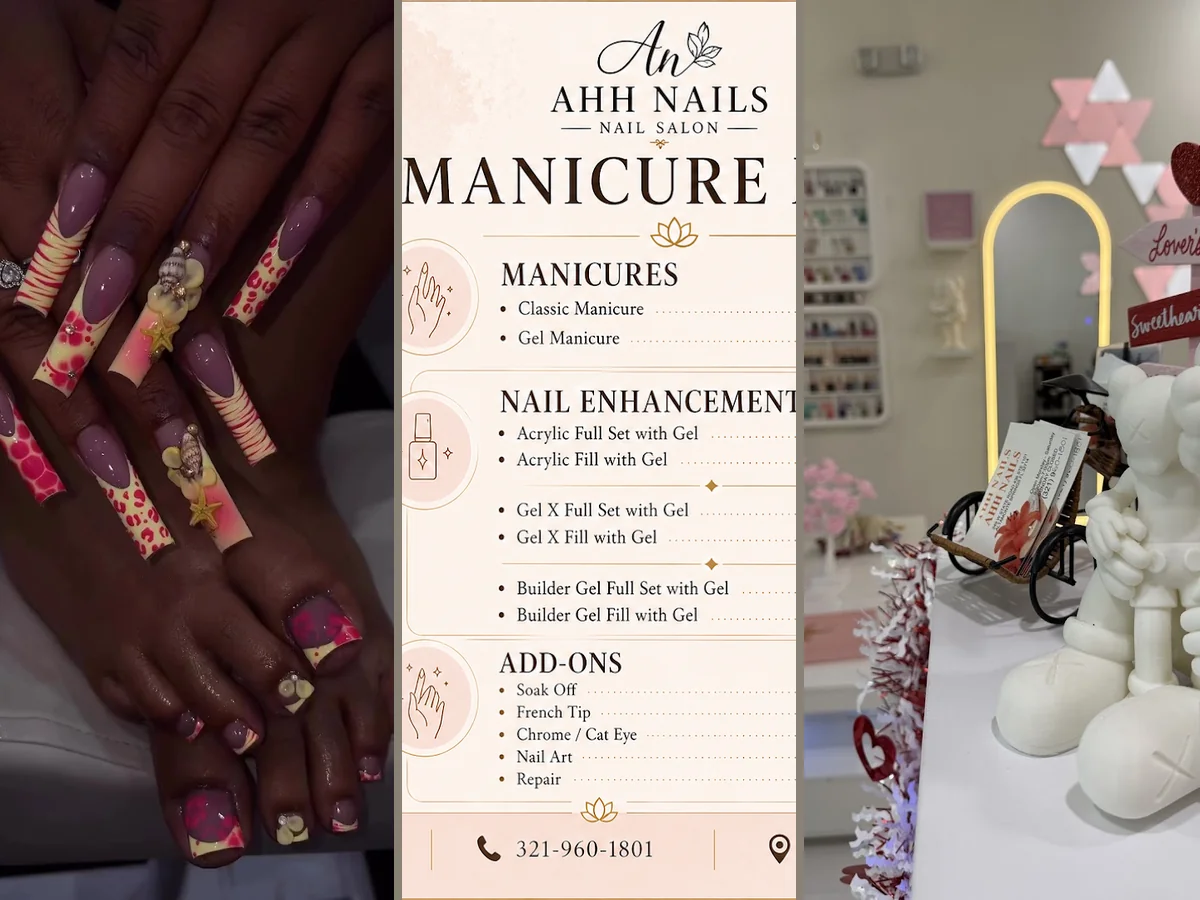 Clean nail salon workstation with manicure tools.