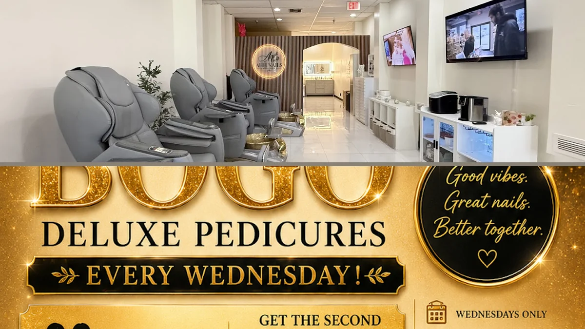 Clean nail salon workstation with manicure tools.